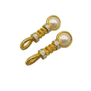 Vintage Valentino Earrings Twist Gold Tone Faux Pearl Rhinestones Made in Italy